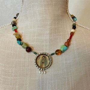 Handmade Beaded Necklace - Natural gemstones with Vintage Virgin Mary Charm